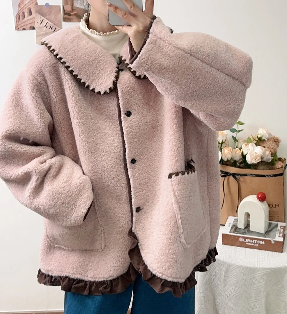 可衣-【草莓撞奶】森系新款花边撞色毛毛外套