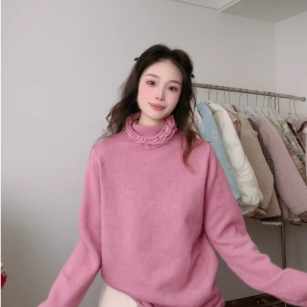 可衣-【八色打底】秋冬新款蕾丝领针织长袖打底