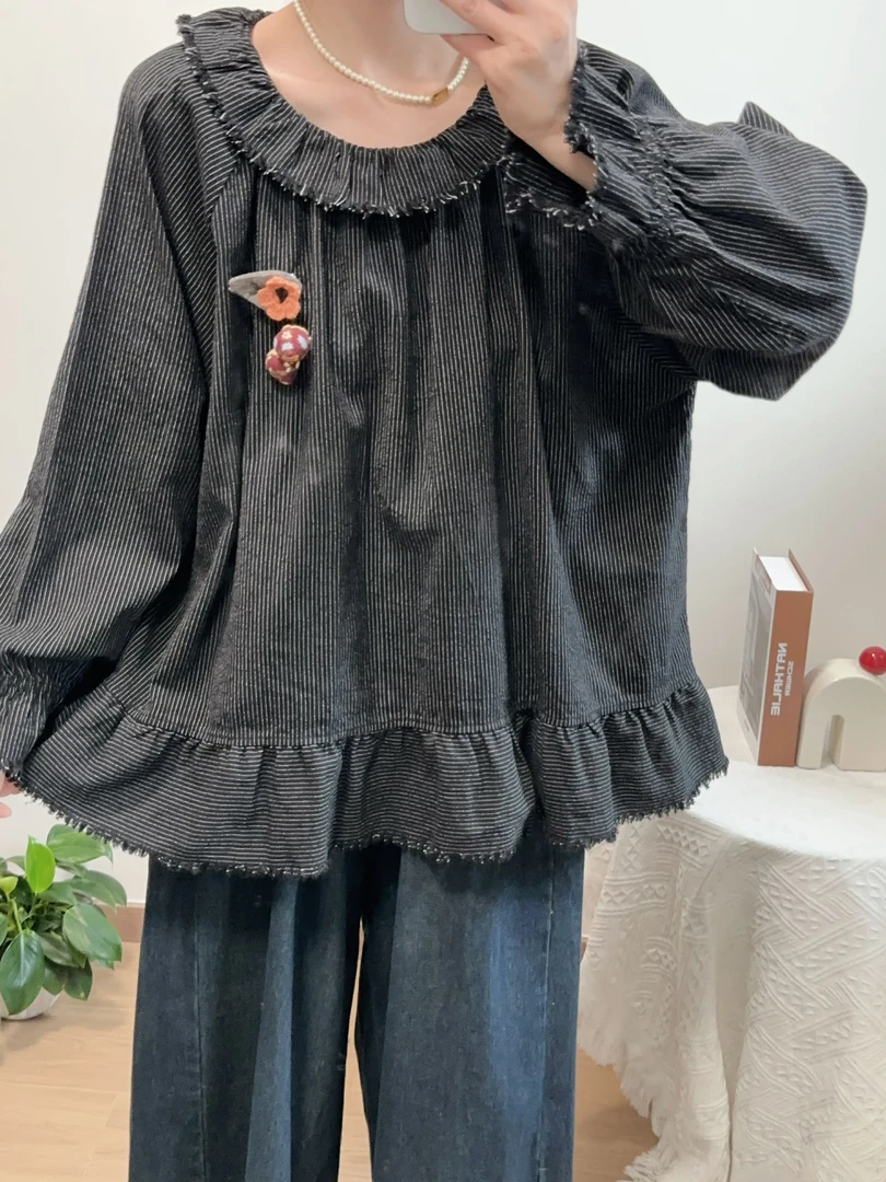 可衣-【拉毛条纹】森系春秋新款荷叶领细条纹长袖衬衫