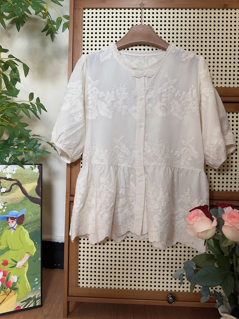 可衣-【羽翼】森系新款刺小盘扣綉衬衫短袖女上衣夏款