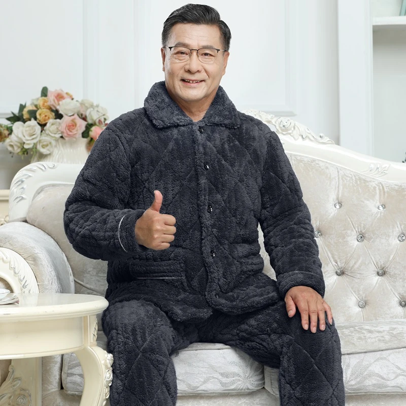 加厚保暖男士睡衣冬季三层加厚珊瑚绒夹棉中老年爸爸家居服老人