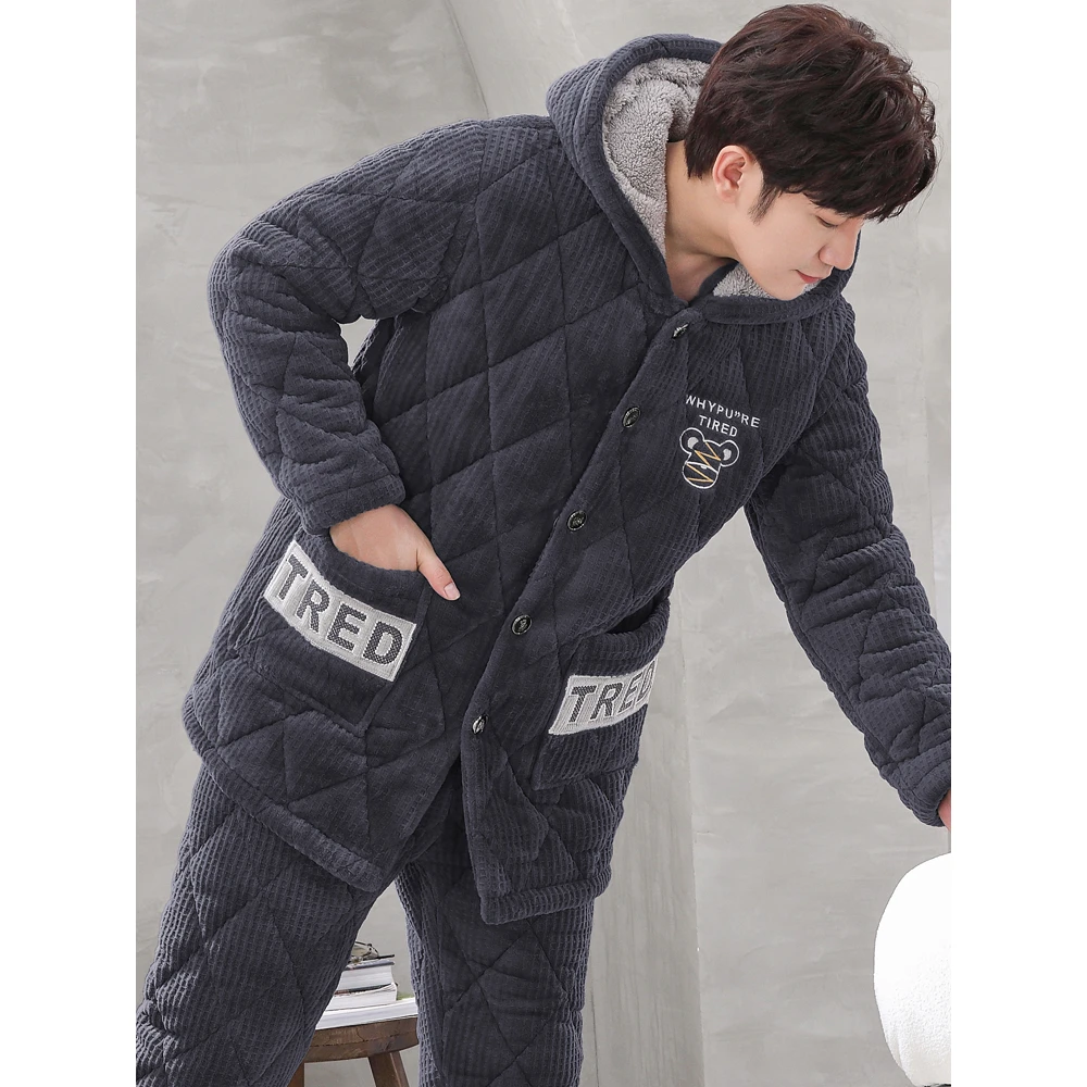 秋冬季连帽珊瑚绒睡衣男士加绒加厚青年三层夹棉家居服套装冬天款