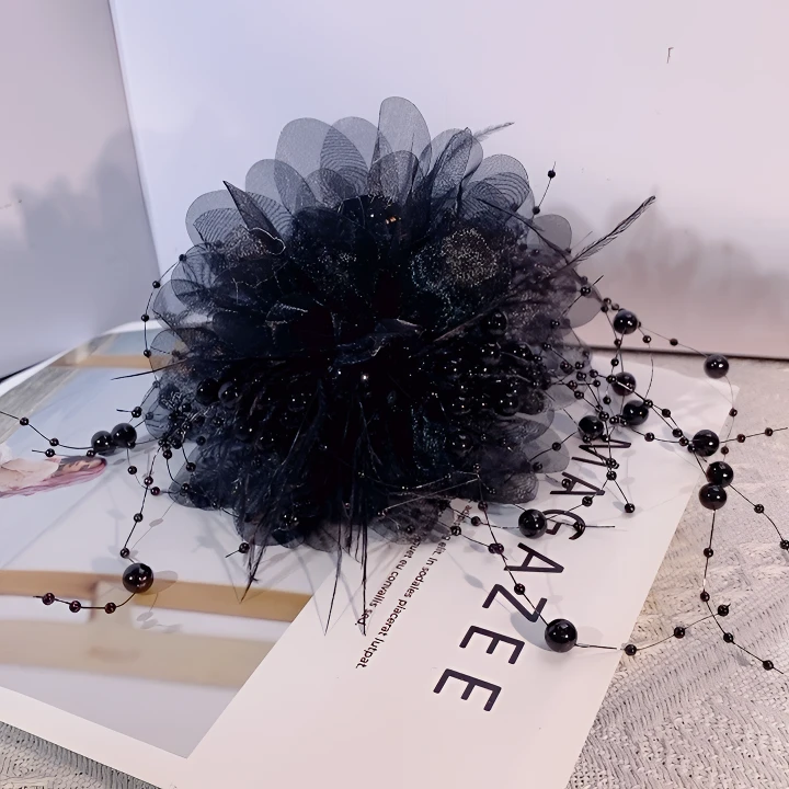 秋冬新款流苏牡丹花黑色时尚优雅气质后脑勺抓夹