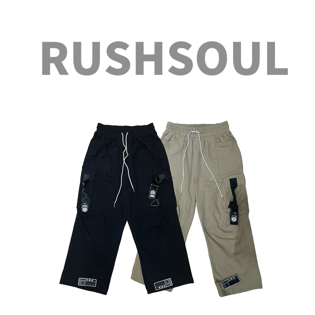 【高街梳织工装】RUSHSOUL休闲潮流长裤时尚抽绳针织拼接直筒修身裤