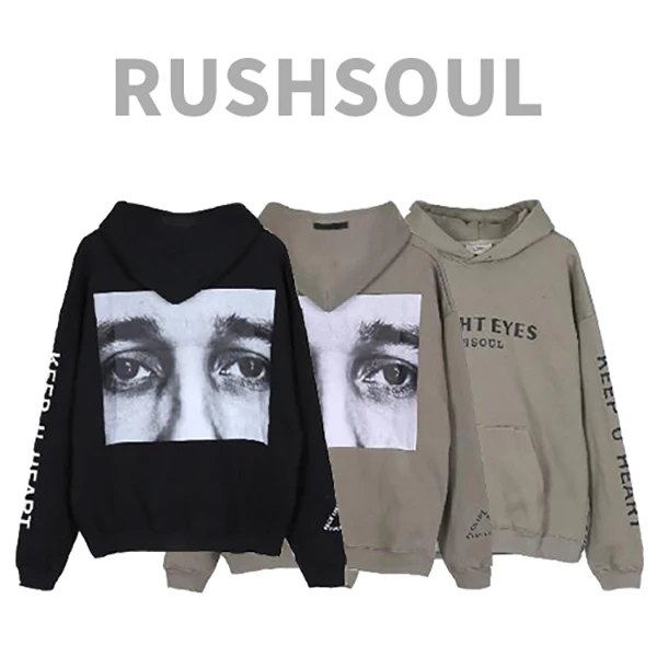 RUSHSOUL深邃眼眸秋冬季印花美式宽松百搭连帽卫衣上衣情侣长袖