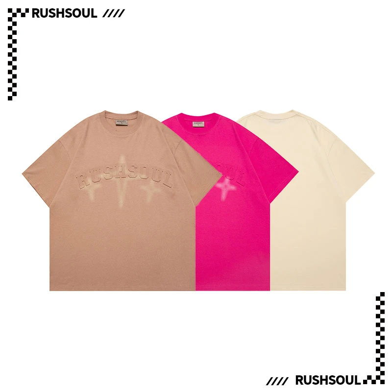 RUSHSOUL钢印立体混合印花圆领潮牌复古印花休闲宽松男女短袖t恤