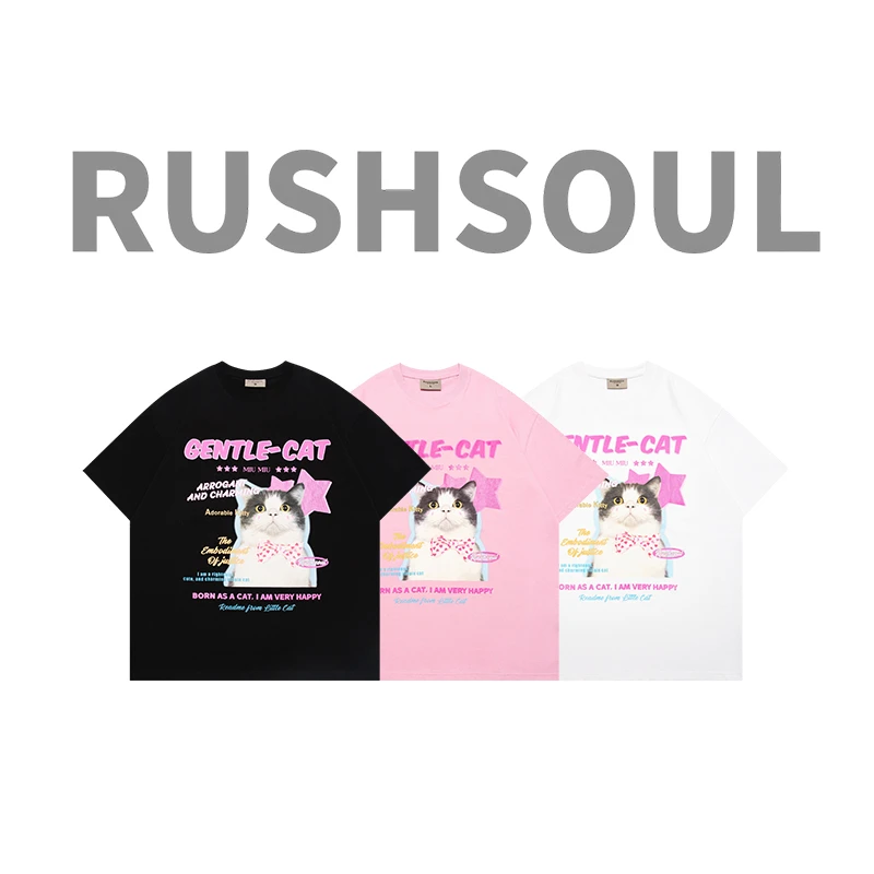 【高质福利】RUSHSOUL小猫猫可爱风青春圆领潮牌印花休闲宽短袖t恤
