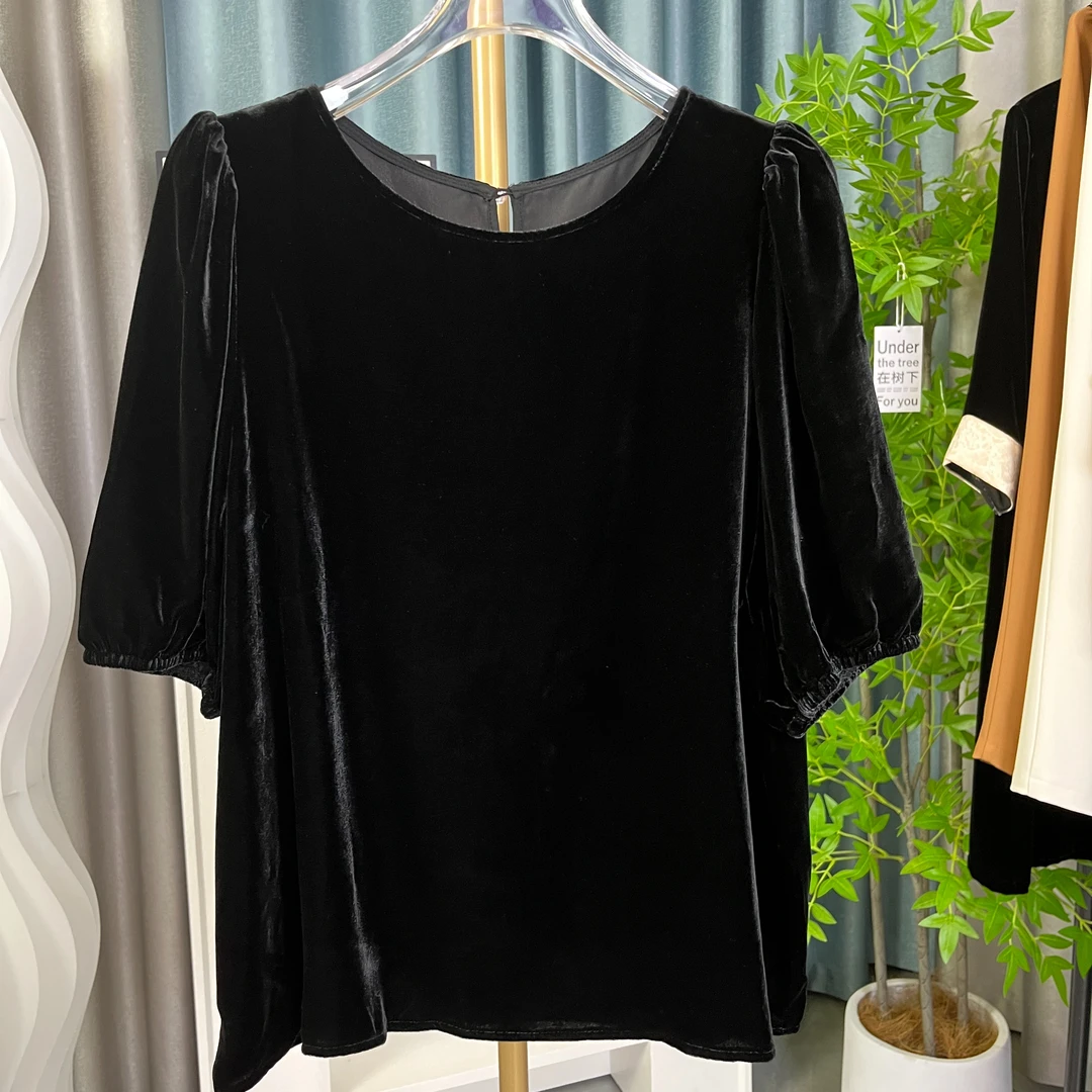 2025夏季真丝丝绒桑蚕丝灯笼袖短上衣