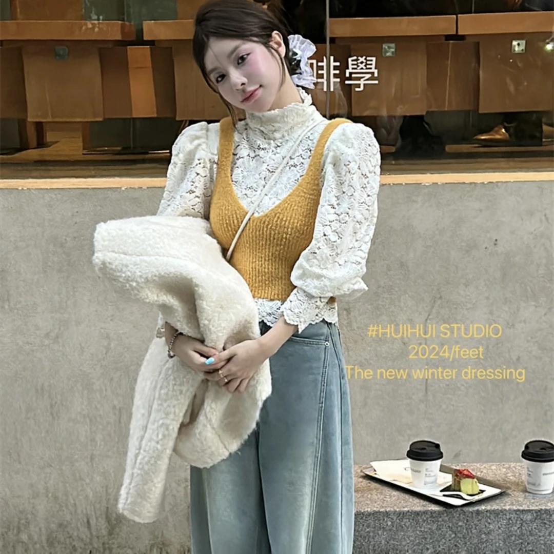 雯雯家 2024秋冬新款半高领蕾丝打底衫吊带背心上衣气质两件套女