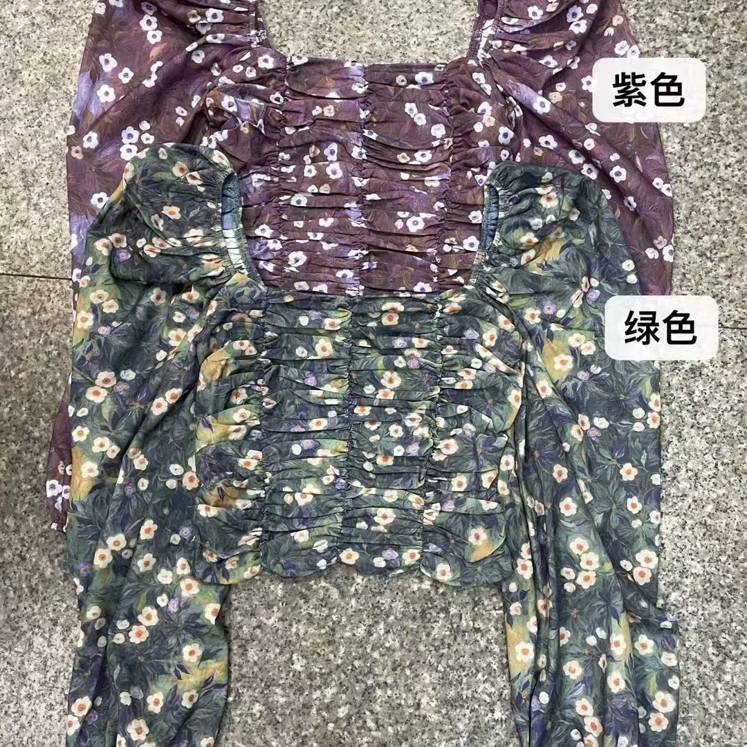 雯雯家 2024秋季短款法式方领碎花泡泡袖衬衫女设计感气质上衣