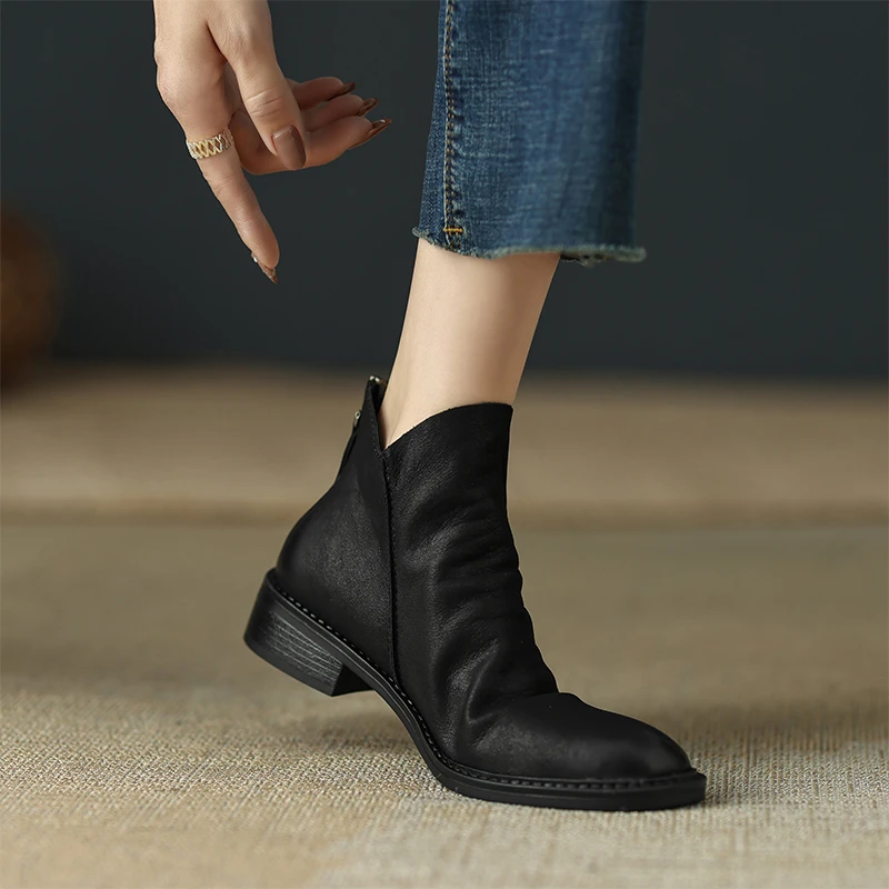 2025新款秋冬单靴擦色复古切尔西靴平底真皮短靴女圆头粗跟及踝靴