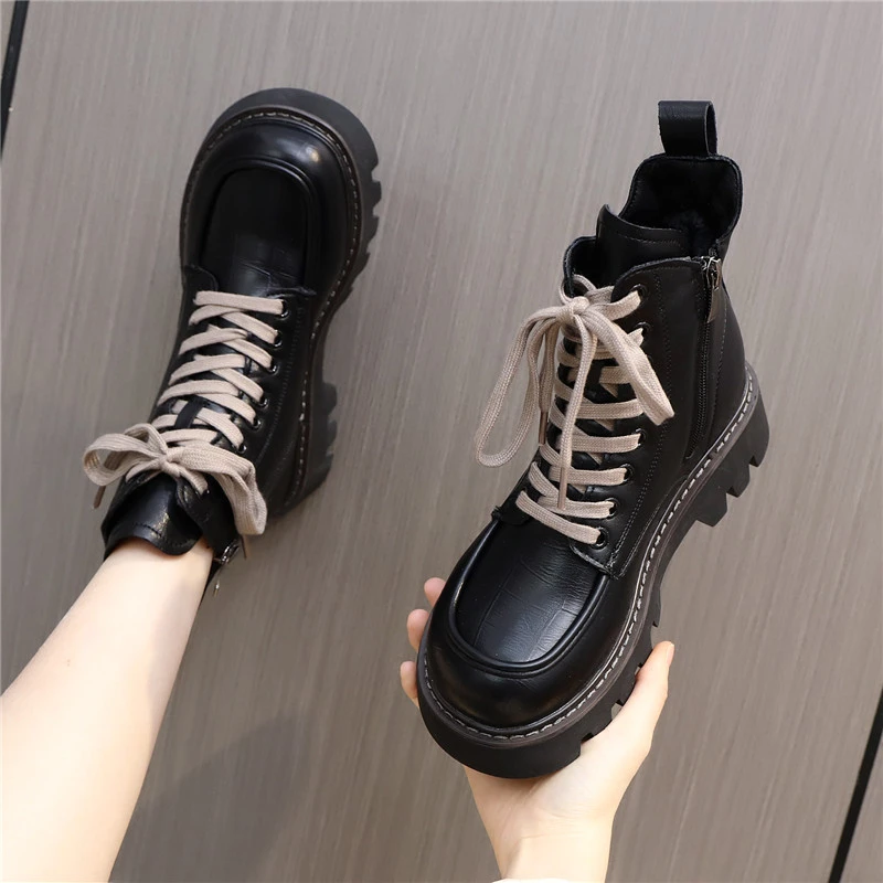 真皮厚底马丁靴女款春秋季2025新款单靴小个子英伦风大码短靴