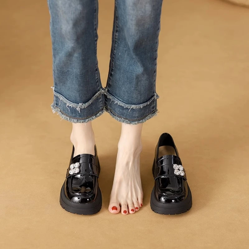 厚底增高乐福鞋女一脚蹬2023年新款英伦jk小皮鞋高跟粗跟单鞋女鞋