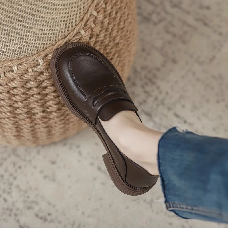 PinkAvril乐福鞋女2023新款秋冬小皮鞋平底一脚蹬软底圆头jk单鞋