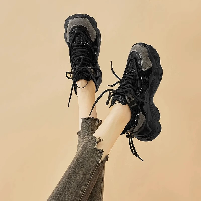 PinkAvril2025年秋冬季新款松糕厚底老爹鞋女增高透气网面运动鞋