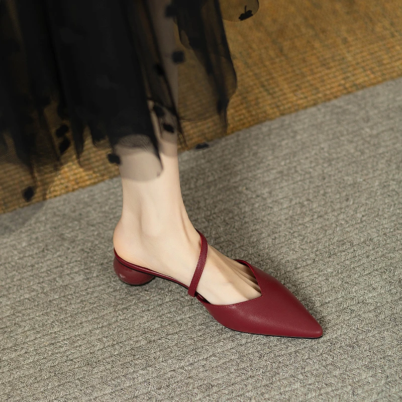 法式凉拖鞋真皮懒人通勤包头半拖鞋女夏季外穿时尚粗跟尖头穆勒鞋