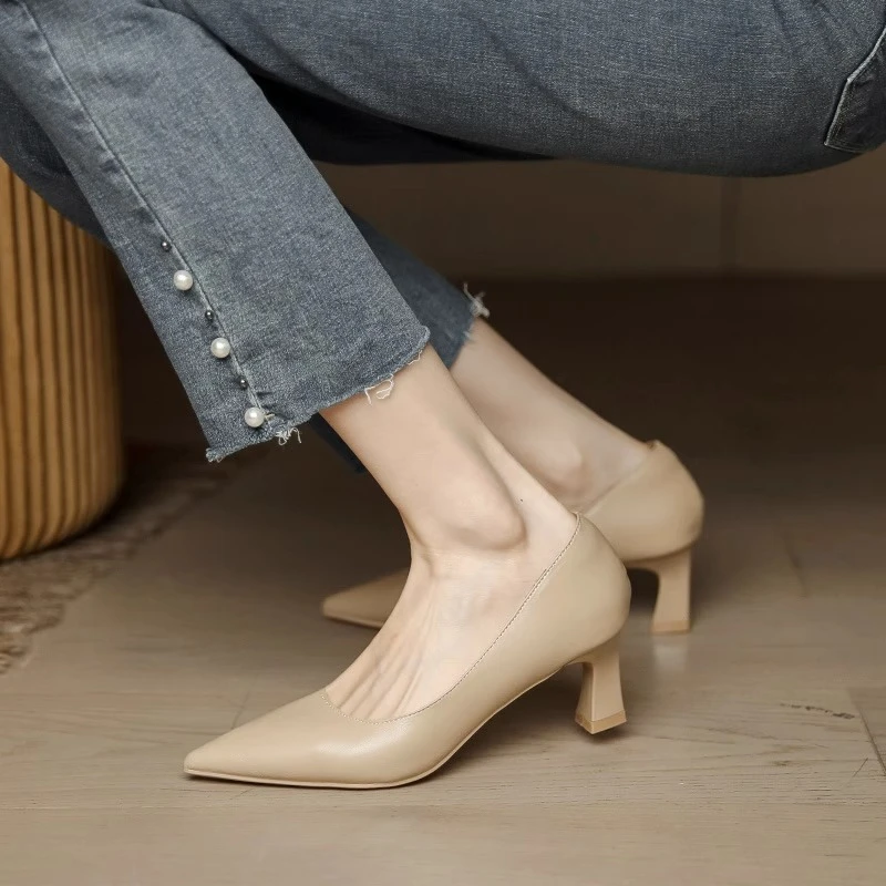 PinkAvril高跟鞋女2024春季软皮舒适面试通勤职业工作鞋小跟单鞋