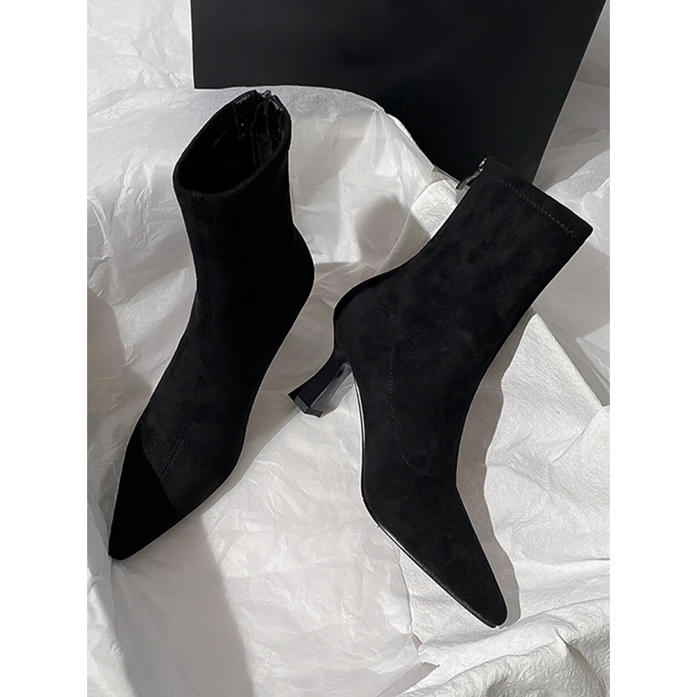 弹力瘦瘦靴女细跟秋冬新款后拉链绒面百搭黑色中筒靴高跟尖头短靴