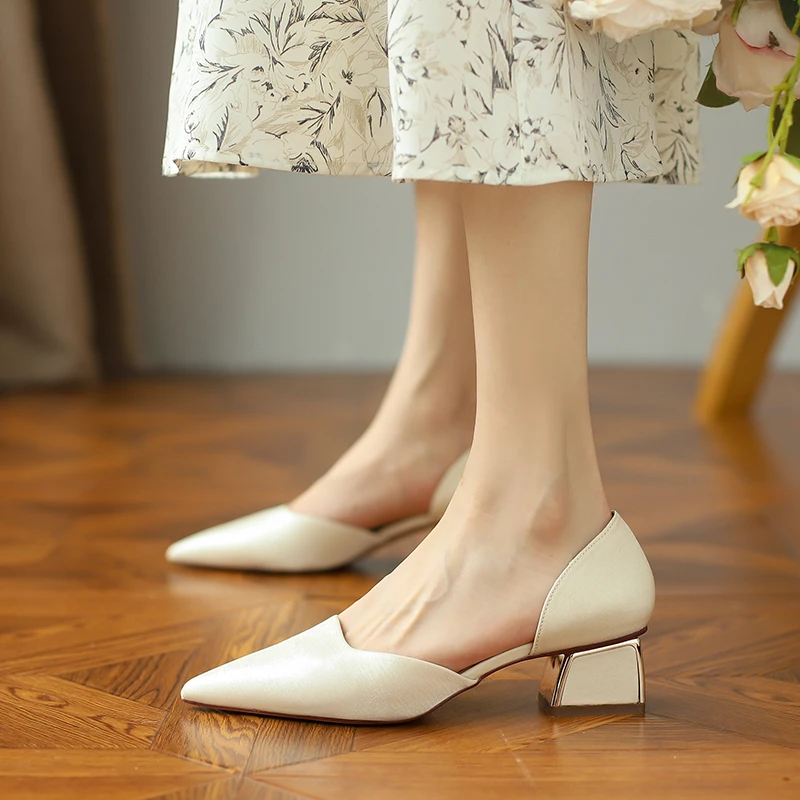 尖头单鞋女粗跟2024新款夏季鞋子包头凉鞋法式浅口中跟高跟单鞋夏