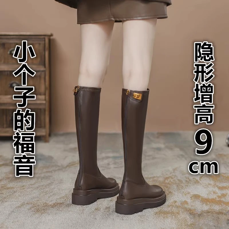 PinkAvril内增高长筒靴子女小个子不过膝长靴中高筒厚底骑士靴冬