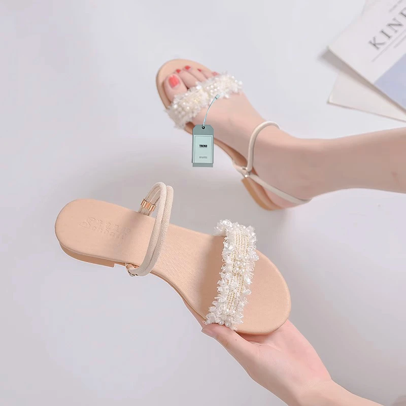 拖鞋女夏外穿2024年新款仙女风时尚凉拖百搭平底防滑珍珠两穿凉鞋