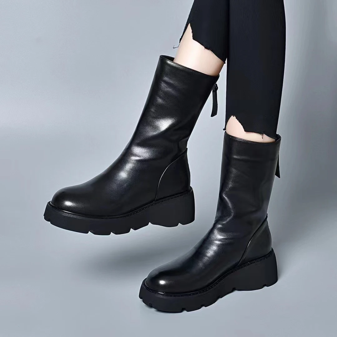 PinkAvril马丁靴女2025新款秋冬季加绒厚底中筒靴松糕底坡跟靴子