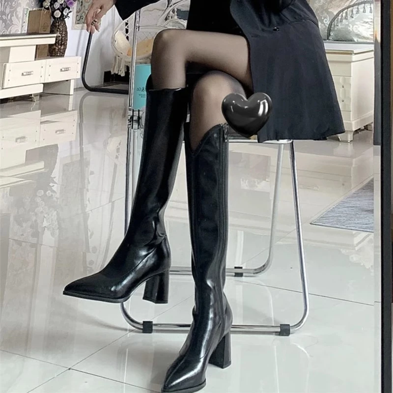 高筒靴V口长筒靴女2025年秋新款粗跟高跟靴小个子长靴百搭骑士靴