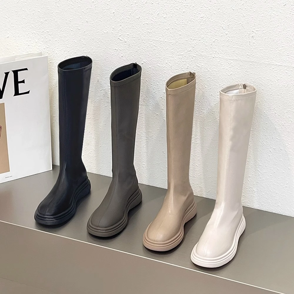 靴子女长筒靴2025年新款秋冬季小个子白色粗腿显瘦平底高筒骑士靴