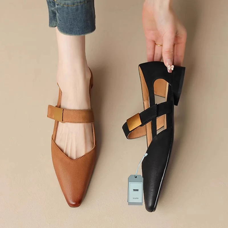 低跟镂空尖头凉鞋包头休闲复古一字带百搭粗跟夏季新款罗马鞋女鞋