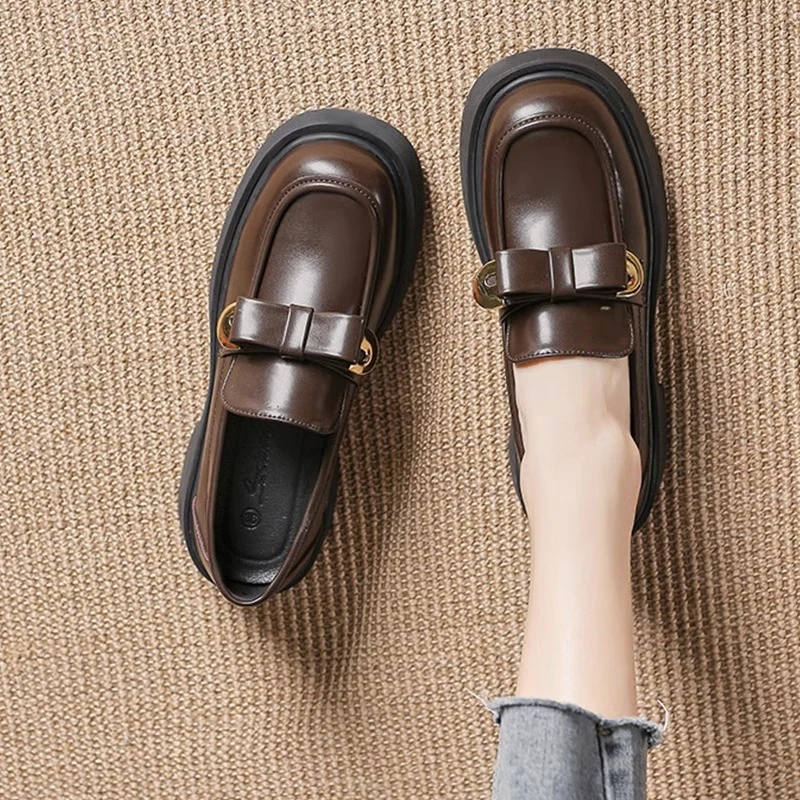 PinkAvril厚底乐福鞋女2024年秋冬季新款蝴蝶结单鞋英伦风小皮鞋