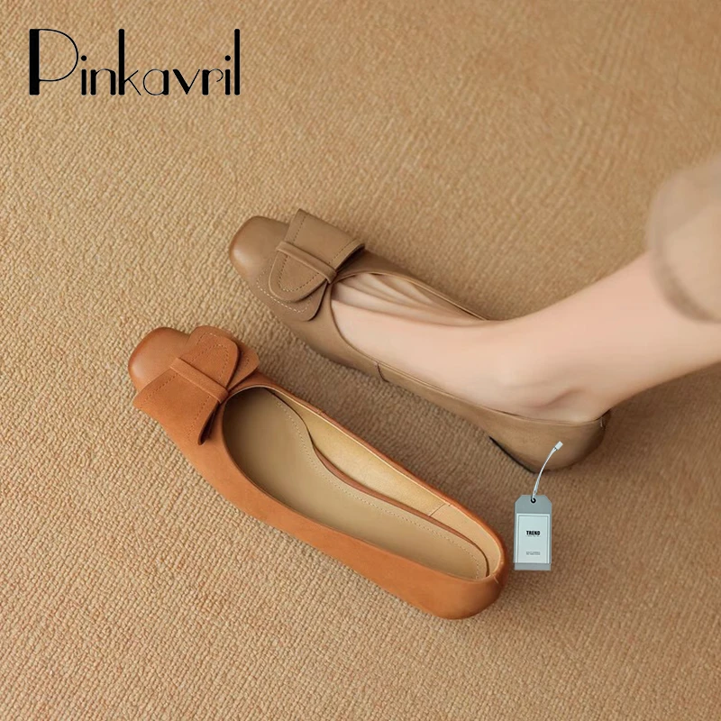 法式2024早春新款真皮浅口粗跟方头蝴蝶结百搭休闲晚晚风单鞋女