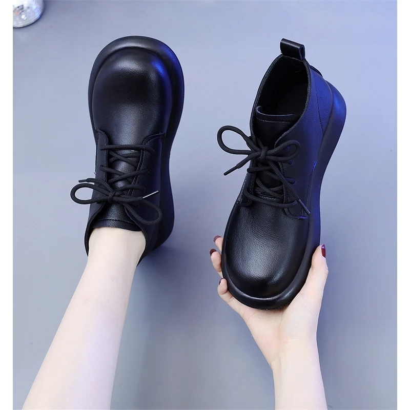 平底短靴女2025年春季新款百搭系带小皮鞋休闲防滑软底防滑乐福鞋