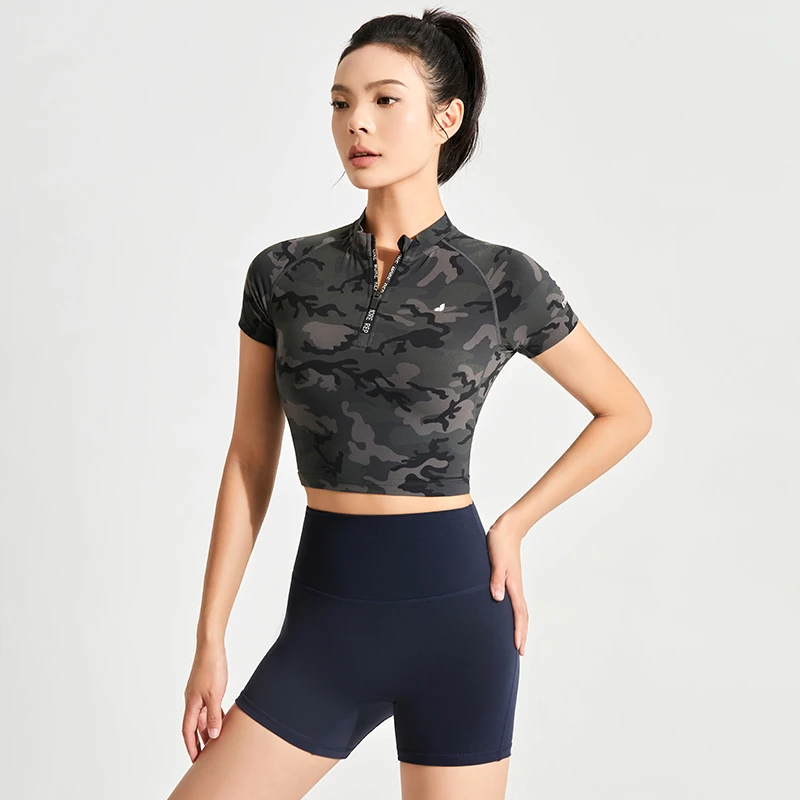 AEROBI ACTIVE迷彩半拉链运动短袖T恤修身瑜伽服2702