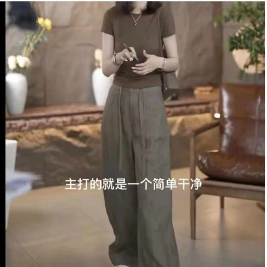 2025春夏季高腰修身显瘦阔腿裤女百搭时尚短袖圆领T恤HY23212