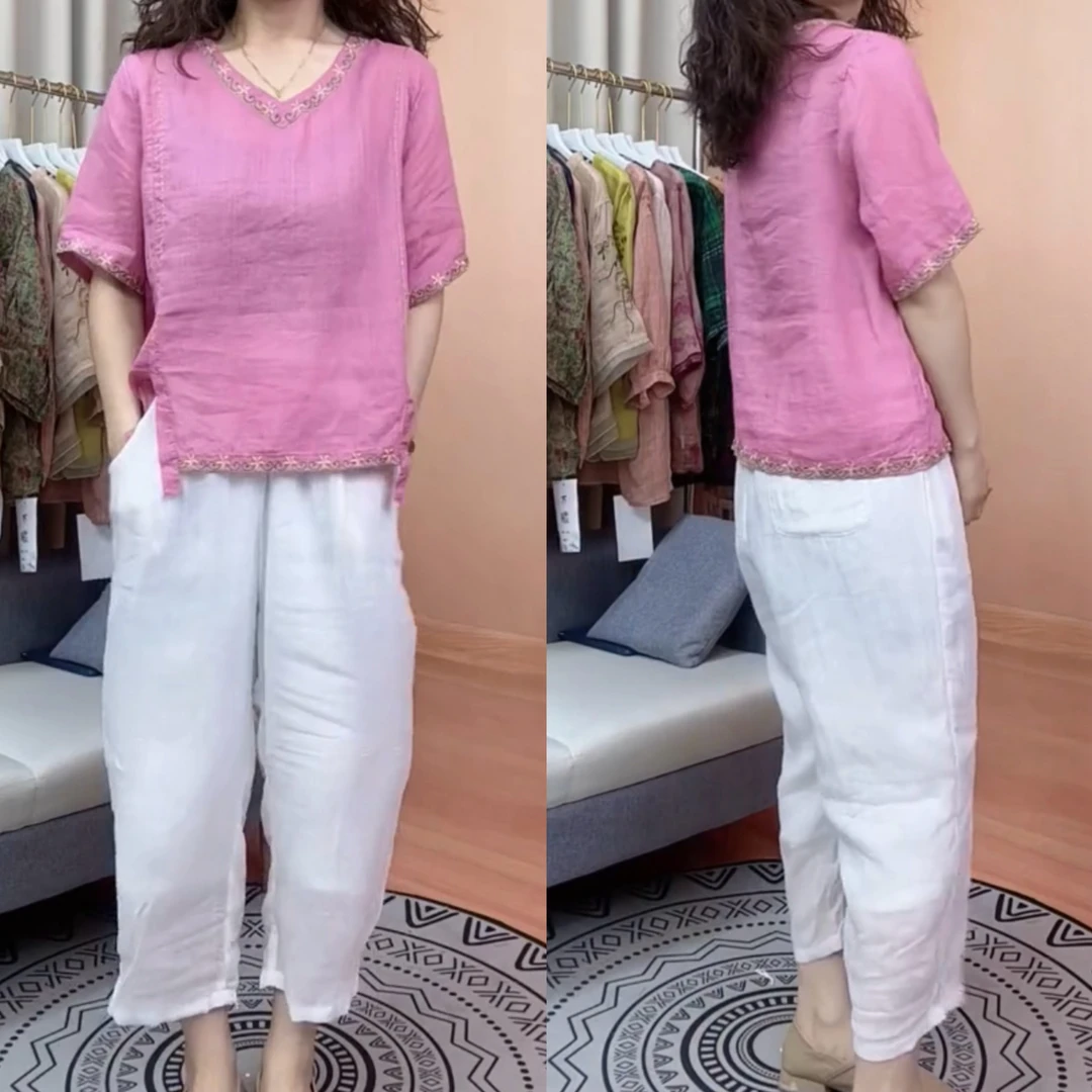 2025夏季新款宽松复古刺绣上衣白色休闲阔腿裤女DM00501显瘦减龄