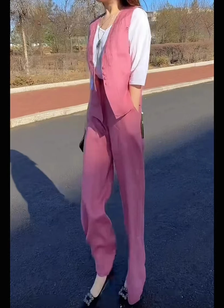 2025春季新款时尚套装马甲上衣阔腿裤两件套宽松休闲显瘦