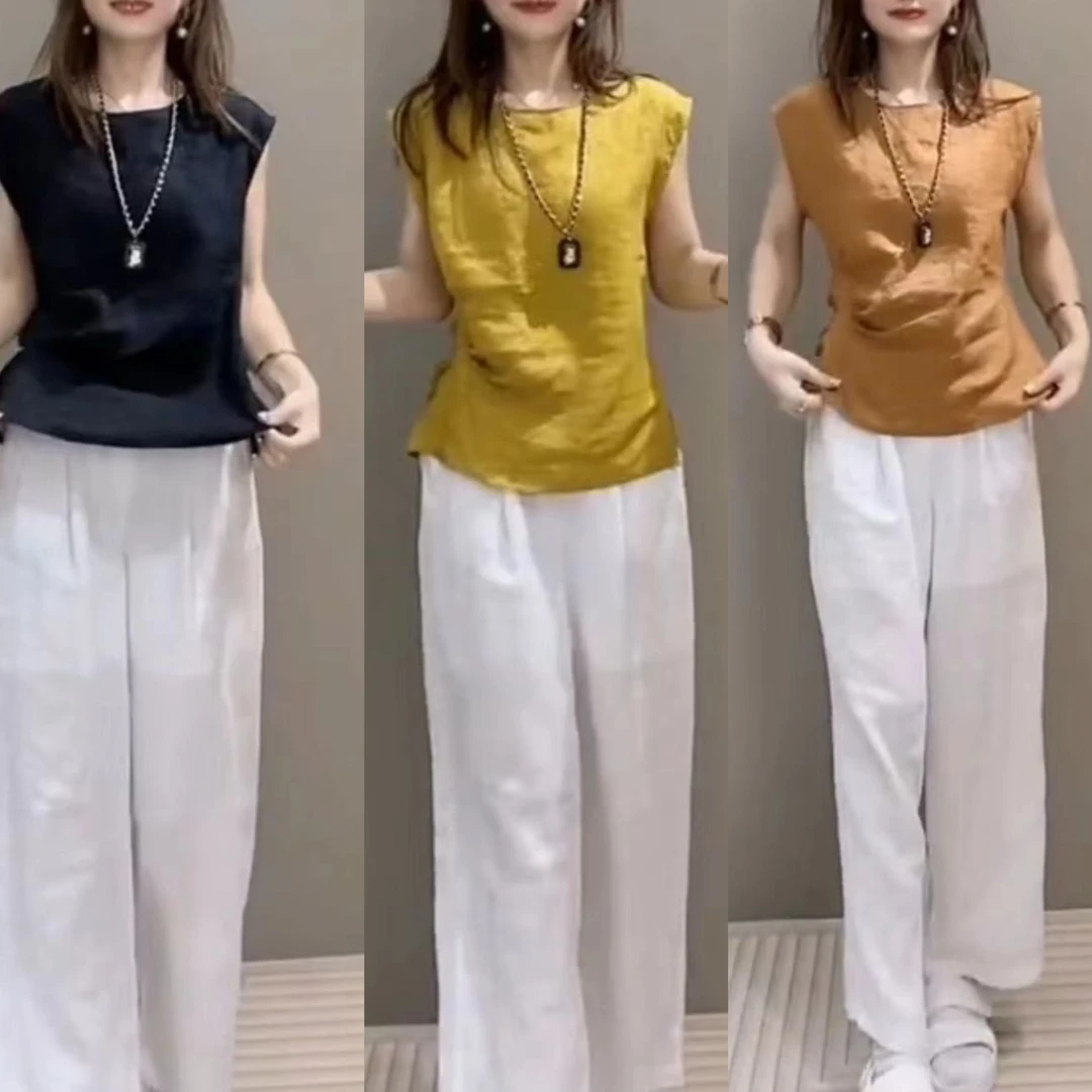 夏季新款减龄收腰无袖上衣高腰阔腿长裤女装百搭显瘦