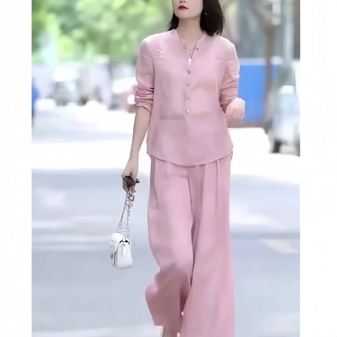 2025夏季新款宽松休闲阔腿裤时尚套装女纯色减龄HY23361