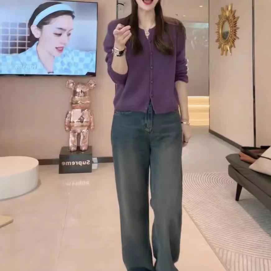 春秋季新款小个子长袖开衫休闲牛仔裤减龄时尚洋气气质显瘦百搭