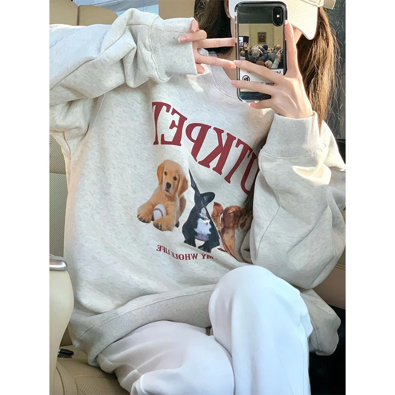 秋冬加绒加厚美式灰色圆领小众卫衣女宽松百搭oversize印花上衣潮