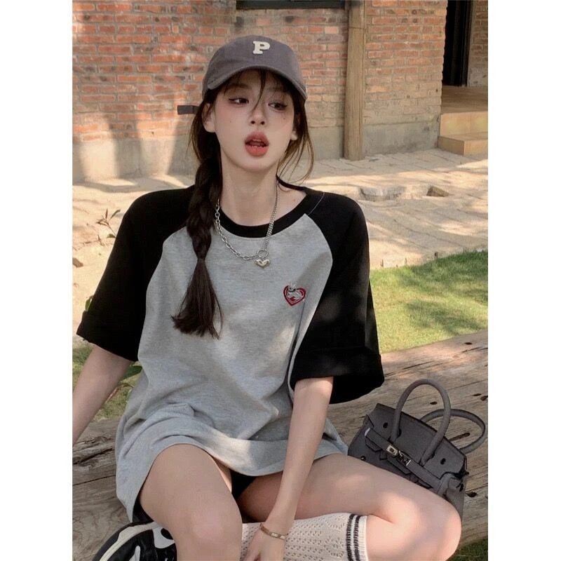 美式复古插肩短袖t恤女夏季设计感小众港味chic宽松纯棉半袖上衣