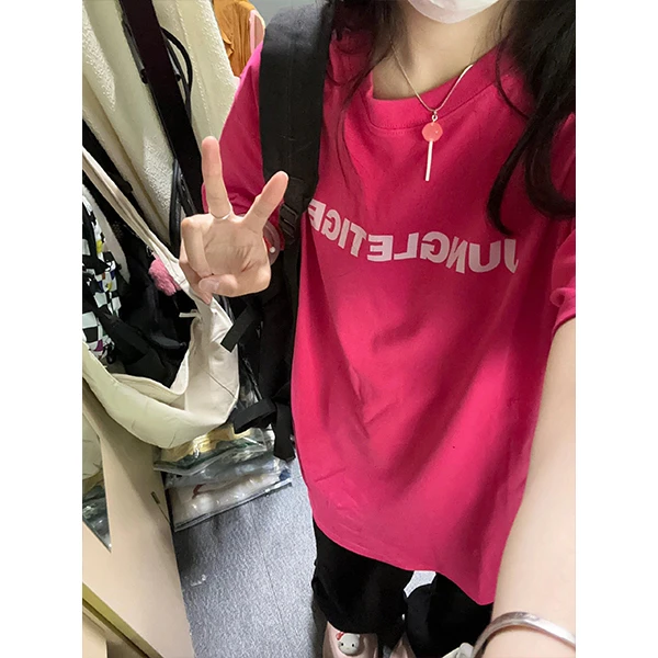 日系chic港味字母圆领火龙果色纯棉短袖T恤女夏季宽松vintage上衣