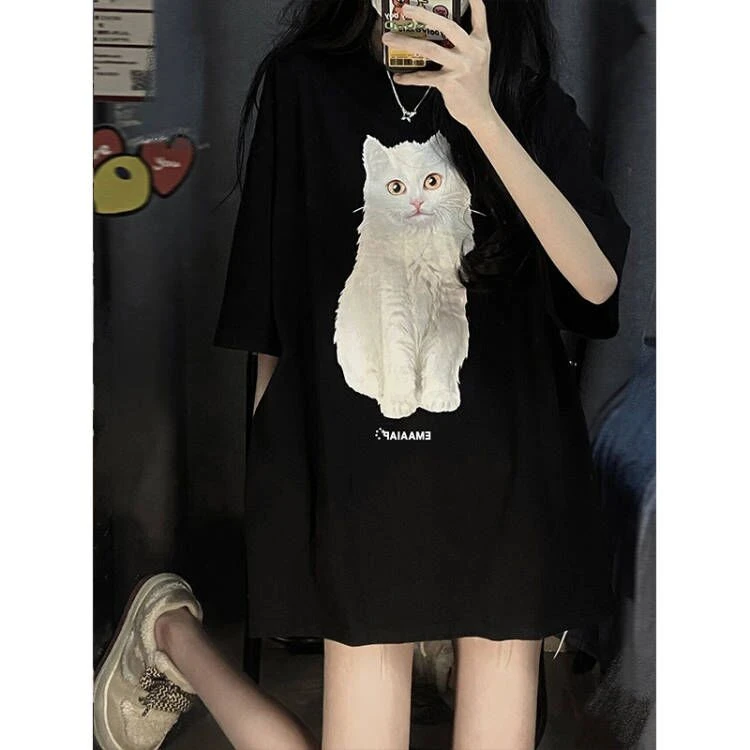 黑色夏季重磅纯棉t恤女夏短袖美式复古高街潮牌小众港味chic上衣