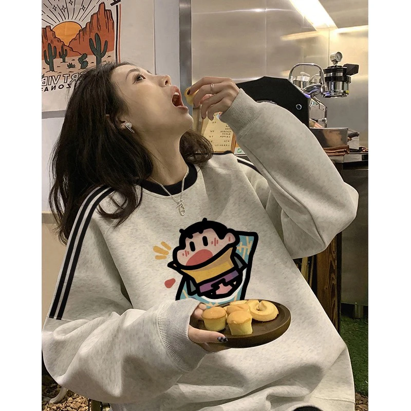 韩版chic三条杠卫衣女拼接条纹秋冬美式慵懒风上衣宽松加绒上衣潮