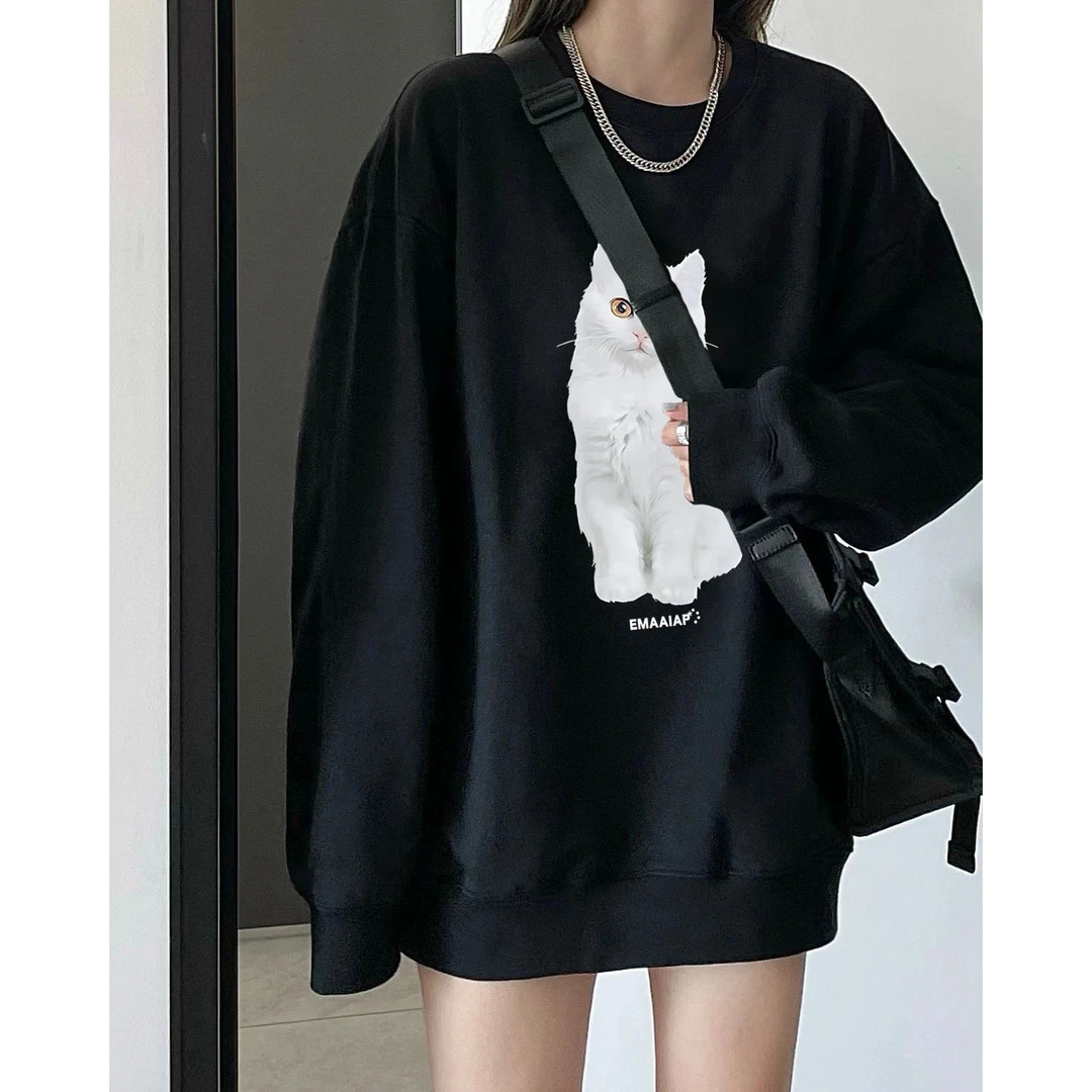 卫衣女小众设计感加厚加绒秋冬黑色休闲oversize百搭宽松圆领上衣