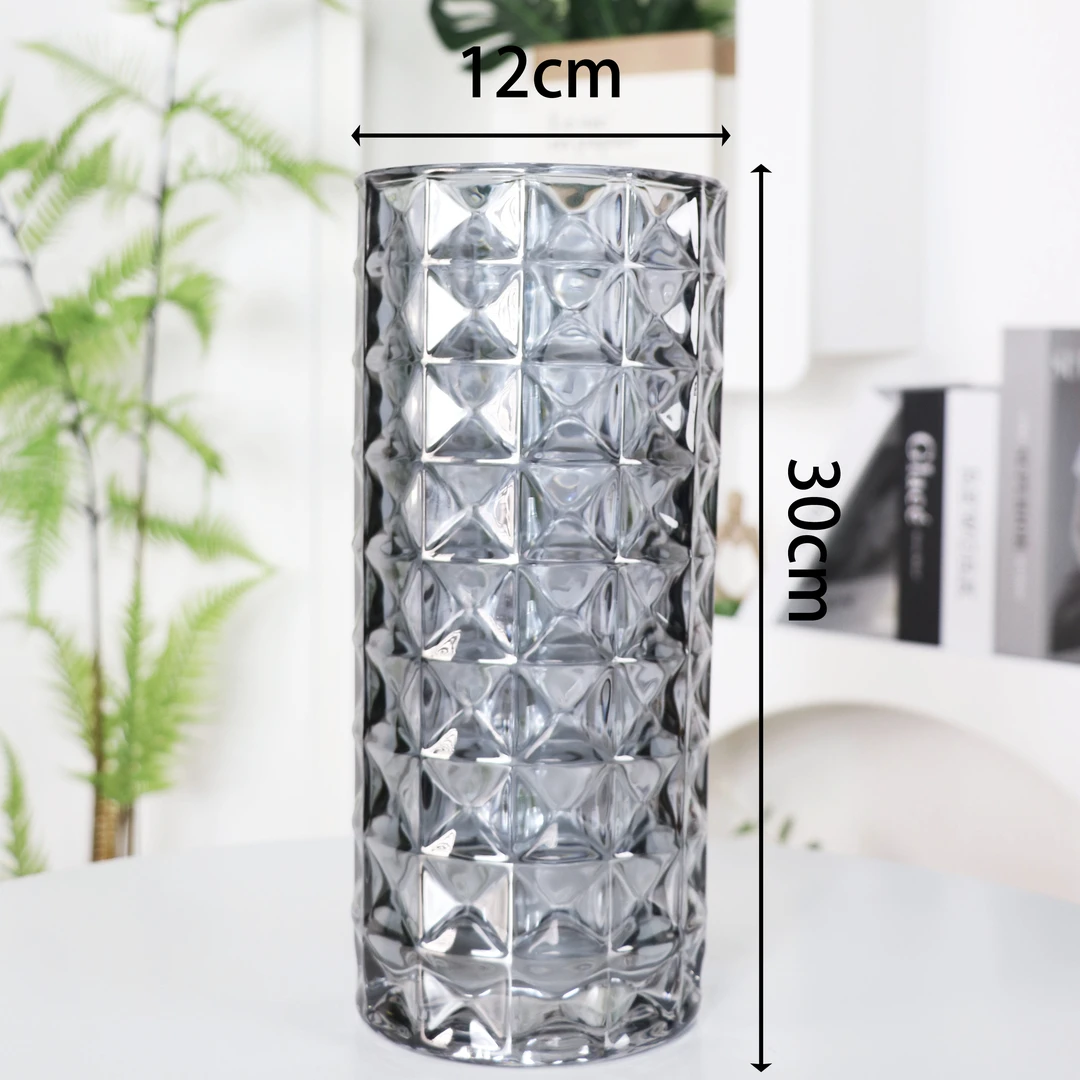 水晶玻璃花瓶桌面水培色彩简约新款插花北欧轻奢30钻石直筒灰色