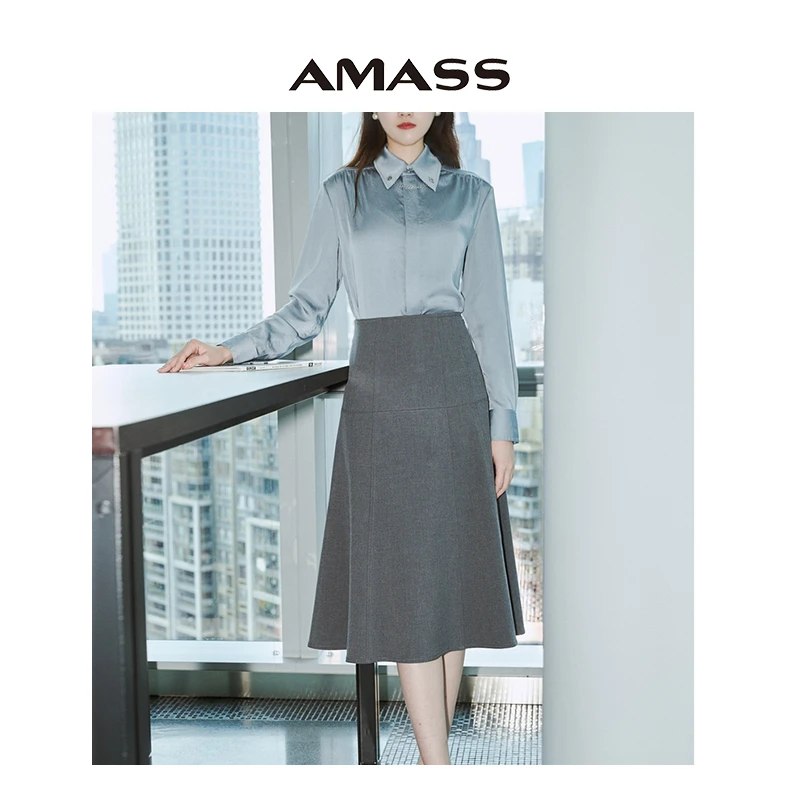 AMASS阿玛施风感波粒美拉德简约气质格雷系高腰显瘦半身裙5200406