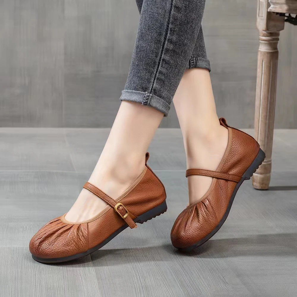 时尚软面圆头舒适平底真皮女士妈妈鞋单鞋百搭夏季软底浅口牛筋底