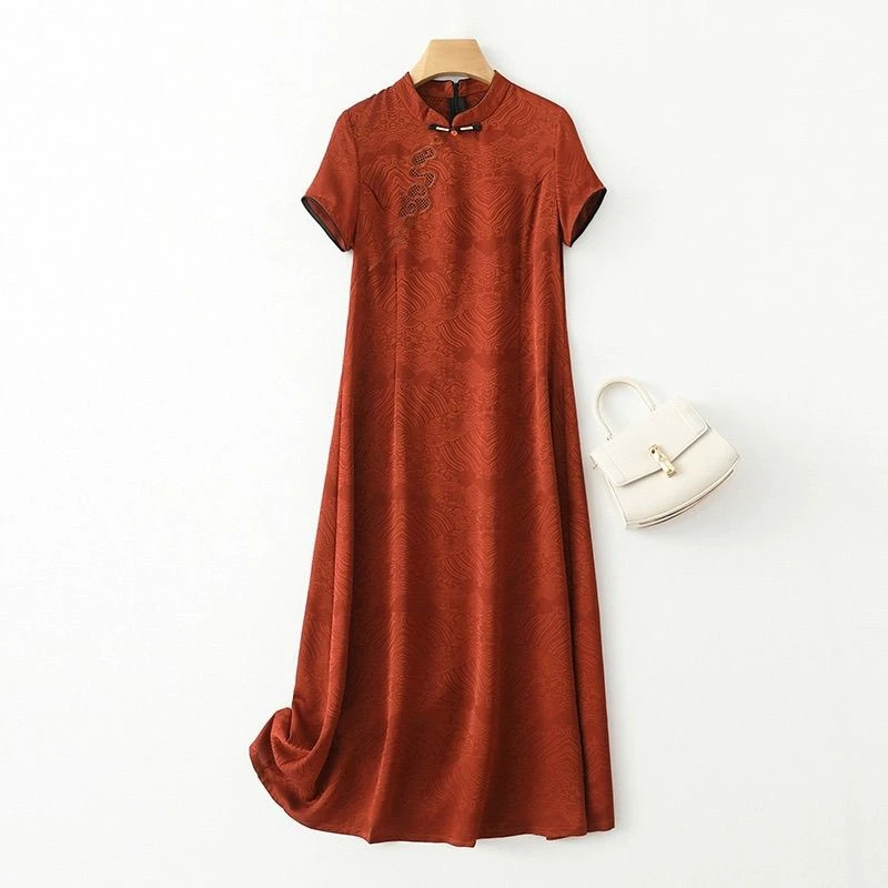 香云纱真丝旗袍连衣裙女新中式国风中年洋气妈妈夏装桑蚕丝长裙子