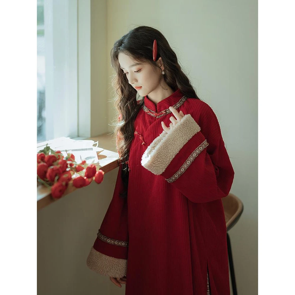 中国风中式改良红色旗袍半裙套装2023新款冬敬酒服新中式连衣裙女